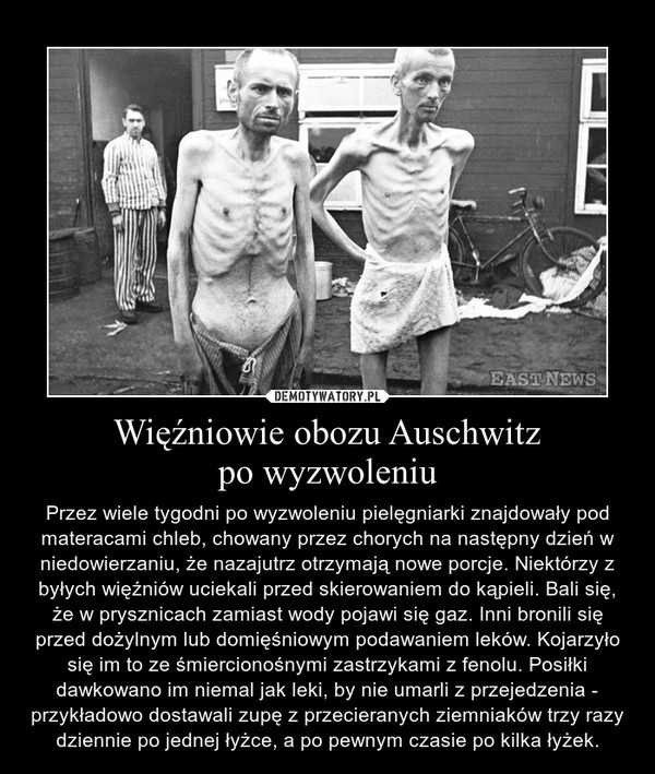 Więźniowie obozu Auschwitzpo wyzwoleniu – Przez wiele tygodni po wyzwoleniu pielęgniarki znajdowały pod materacami chleb, chowany przez chorych na następny dzień w niedowierzaniu, że nazajutrz otrzymają nowe porcje. Niektórzy z byłych więźniów uciekali przed skierowaniem do kąpieli. Bali się, że w prysznicach zamiast wody pojawi się gaz. Inni bronili się przed dożylnym lub domięśniowym podawaniem leków. Kojarzyło się im to ze śmiercionośnymi zastrzykami z fenolu. Posiłki dawkowano im niemal jak leki, by nie umarli z przejedzenia - przykładowo dostawali zupę z przecieranych ziemniaków trzy razy dziennie po jednej łyżce, a po pewnym czasie po kilka łyżek. 