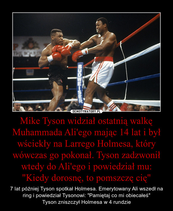 Mike Tyson widział ostatnią walkę Muhammada Ali'ego mając 14 lat i był wściekły na Larrego Holmesa, który wówczas go pokonał. Tyson zadzwonił wtedy do Ali'ego i powiedział mu: "Kiedy dorosnę, to pomszczę cię"