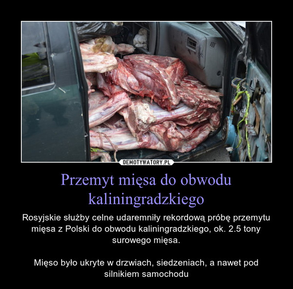 Przemyt mięsa do obwodu kaliningradzkiego – Rosyjskie służby celne udaremniły rekordową próbę przemytu mięsa z Polski do obwodu kaliningradzkiego, ok. 2.5 tony surowego mięsa.Mięso było ukryte w drzwiach, siedzeniach, a nawet podsilnikiem samochodu 