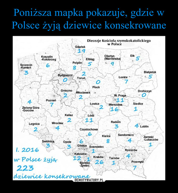 Poniższa mapka pokazuje, gdzie w Polsce żyją dziewice konsekrowane