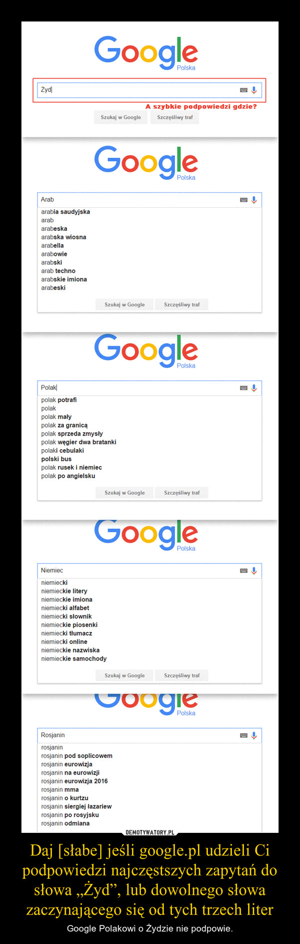 Daj [słabe] jeśli google.pl udzieli Ci podpowiedzi najczęstszych zapytań do słowa „Żyd”, lub dowolnego słowa zaczynającego się od tych trzech liter – Google Polakowi o Żydzie nie podpowie. 