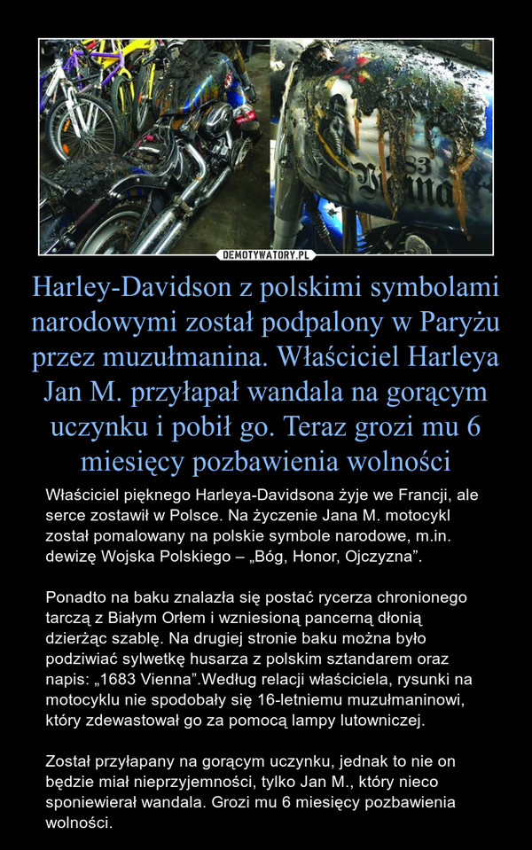 Harley-Davidson z polskimi symbolami narodowymi został podpalony w Paryżu przez muzułmanina. Właściciel Harleya Jan M. przyłapał wandala na gorącym uczynku i pobił go. Teraz grozi mu 6 miesięcy pozbawienia wolności – Właściciel pięknego Harleya-Davidsona żyje we Francji, ale serce zostawił w Polsce. Na życzenie Jana M. motocykl został pomalowany na polskie symbole narodowe, m.in. dewizę Wojska Polskiego – „Bóg, Honor, Ojczyzna”. Ponadto na baku znalazła się postać rycerza chronionego tarczą z Białym Orłem i wzniesioną pancerną dłonią dzierżąc szablę. Na drugiej stronie baku można było podziwiać sylwetkę husarza z polskim sztandarem oraz napis: „1683 Vienna”.Według relacji właściciela, rysunki na motocyklu nie spodobały się 16-letniemu muzułmaninowi, który zdewastował go za pomocą lampy lutowniczej. Został przyłapany na gorącym uczynku, jednak to nie on będzie miał nieprzyjemności, tylko Jan M., który nieco sponiewierał wandala. Grozi mu 6 miesięcy pozbawienia wolności. 