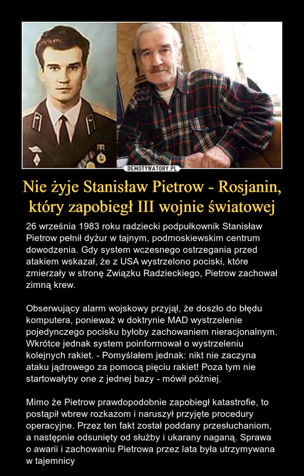 Nie żyje Stanisław Pietrow - Rosjanin, który zapobiegł III wojnie światowej