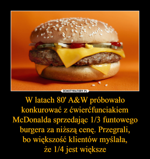 W latach 80' A&W próbowało konkurować z ćwierćfunciakiem McDonalda sprzedając 1/3 funtowego burgera za niższą cenę. Przegrali,
 bo większość klientów myślała, 
że 1/4 jest większe