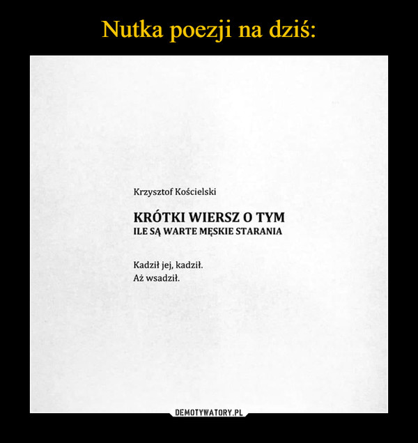  –  Krzysztof Kościelski Krótki wiersz o tym ile są warte męskie starania Kadził jej, kadził. Aż wsadził