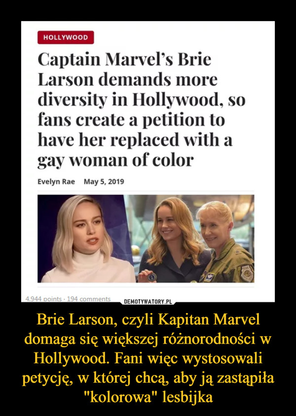 Brie Larson, czyli Kapitan Marvel domaga się większej różnorodności w Hollywood. Fani więc wystosowali petycję, w której chcą, aby ją zastąpiła "kolorowa" lesbijka –  