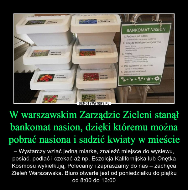 W warszawskim Zarządzie Zieleni stanął bankomat nasion, dzięki któremu można pobrać nasiona i sadzić kwiaty w mieście