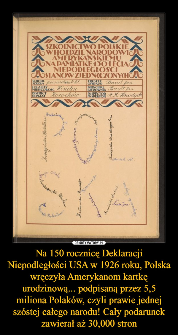 Na 150 rocznicę Deklaracji Niepodległości USA w 1926 roku, Polska wręczyła Amerykanom kartkę urodzinową... podpisaną przez 5,5 miliona Polaków, czyli prawie jednej szóstej całego narodu! Cały podarunek zawierał aż 30,000 stron –  