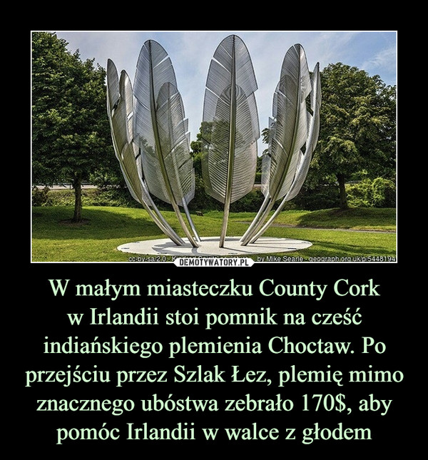 W małym miasteczku County Cork
w Irlandii stoi pomnik na cześć indiańskiego plemienia Choctaw. Po przejściu przez Szlak Łez, plemię mimo znacznego ubóstwa zebrało 170$, aby pomóc Irlandii w walce z głodem