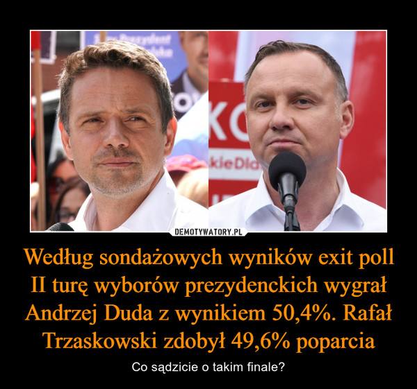 Według sondażowych wyników exit poll II turę wyborów prezydenckich wygrał Andrzej Duda z wynikiem 50,4%. Rafał Trzaskowski zdobył 49,6% poparcia – Co sądzicie o takim finale? 