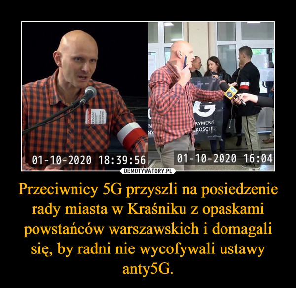 Przeciwnicy 5G przyszli na posiedzenie rady miasta w Kraśniku z opaskami powstańców warszawskich i domagali się, by radni nie wycofywali ustawy anty5G. –  