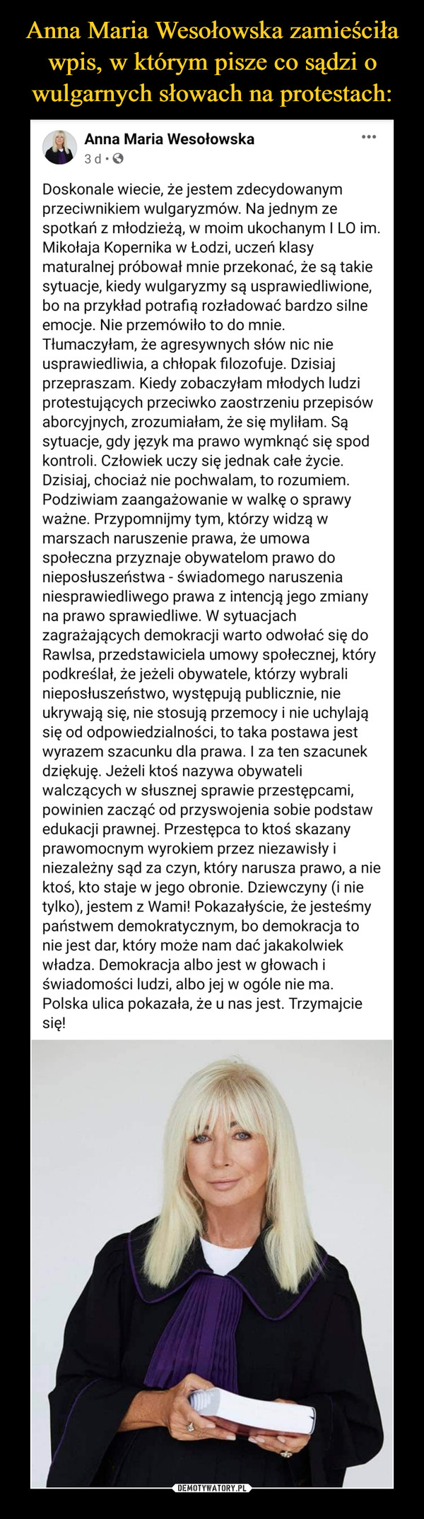 Anna Maria Wesołowska zamieściła wpis, w którym pisze co sądzi o wulgarnych słowach na protestach: