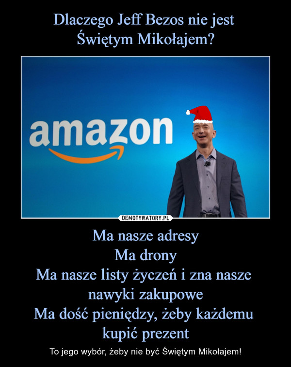 Ma nasze adresyMa dronyMa nasze listy życzeń i zna nasze nawyki zakupoweMa dość pieniędzy, żeby każdemu kupić prezent – To jego wybór, żeby nie być Świętym Mikołajem! 