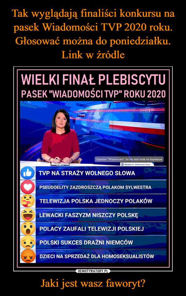 Tak wyglądają finaliści konkursu na pasek Wiadomości TVP 2020 roku. Głosować można do poniedziałku. Link w źródle Jaki jest wasz faworyt?