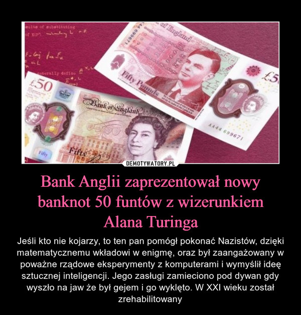 Bank Anglii zaprezentował nowy banknot 50 funtów z wizerunkiem
Alana Turinga