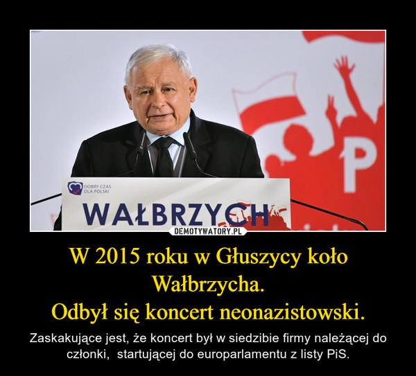 W 2015 roku w Głuszycy koło Wałbrzycha.Odbył się koncert neonazistowski. – Zaskakujące jest, że koncert był w siedzibie firmy należącej do członki,  startującej do europarlamentu z listy PiS. 