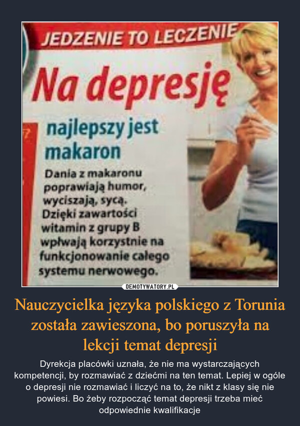 Nauczycielka języka polskiego z Torunia została zawieszona, bo poruszyła na lekcji temat depresji
