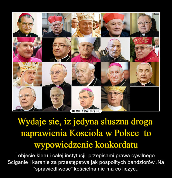Wydaje sie, iz jedyna sluszna droga  naprawienia Kosciola w Polsce  to wypowiedzenie konkordatu – i objecie kleru i calej instytucji  przepisami prawa cywilnego. Sciganie i karanie za przestępstwa jak pospolitych bandziorów .Na  "sprawiedliwosc" kościelna nie ma co liczyc.. 