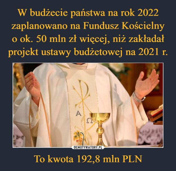 W budżecie państwa na rok 2022 zaplanowano na Fundusz Kościelny o ok. 50 mln zł więcej, niż zakładał projekt ustawy budżetowej na 2021 r. To kwota 192,8 mln PLN