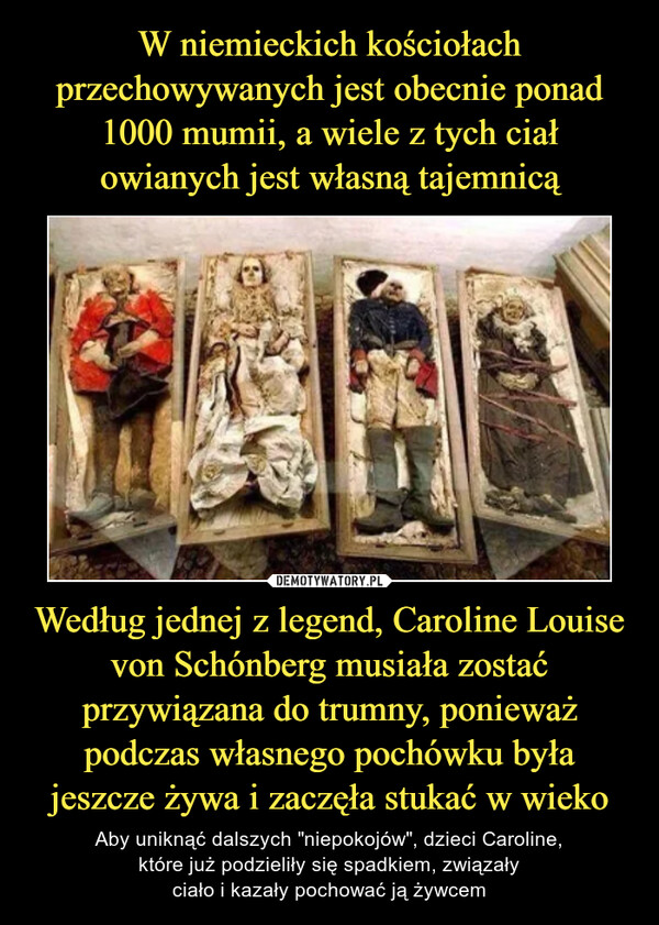 W niemieckich kościołach przechowywanych jest obecnie ponad 1000 mumii, a wiele z tych ciał owianych jest własną tajemnicą Według jednej z legend, Caroline Louise von Schónberg musiała zostać przywiązana do trumny, ponieważ podczas własnego pochówku była jeszcze żywa i zaczęła stukać w wieko