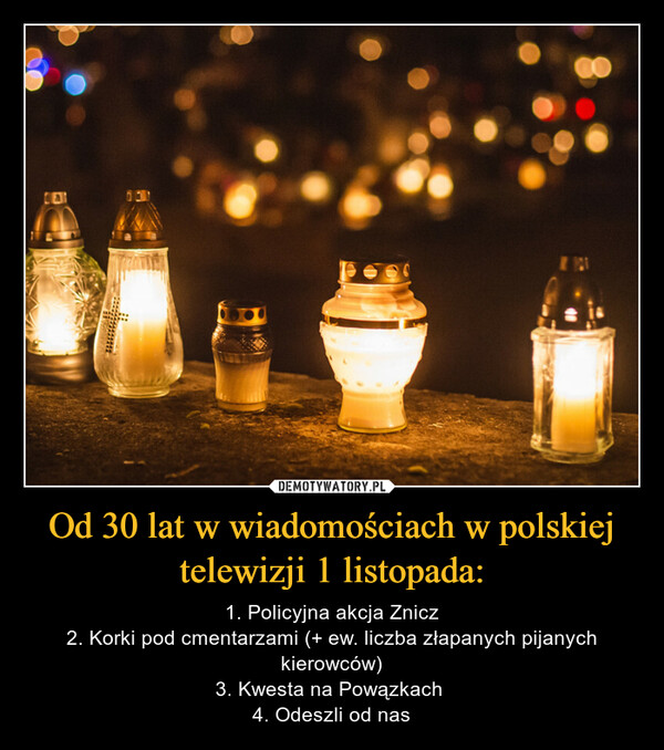 Od 30 lat w wiadomościach w polskiej telewizji 1 listopada: – 1. Policyjna akcja Znicz2. Korki pod cmentarzami (+ ew. liczba złapanych pijanych kierowców)3. Kwesta na Powązkach 4. Odeszli od nas 