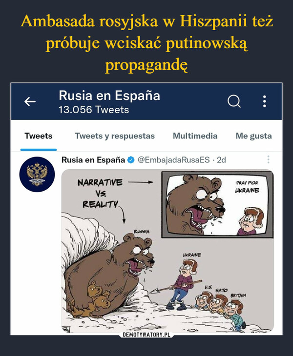 Ambasada rosyjska w Hiszpanii też próbuje wciskać putinowską propagandę