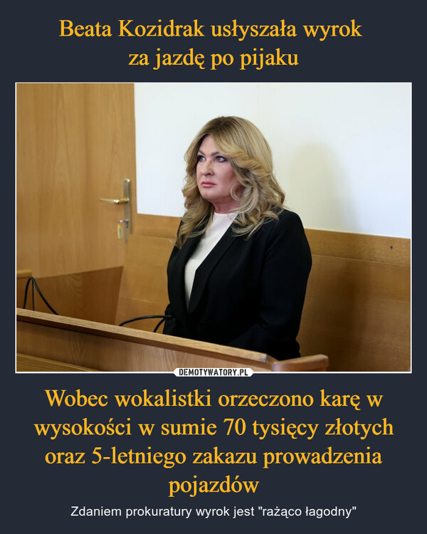 Wobec wokalistki orzeczono karę w wysokości w sumie 70 tysięcy złotych oraz 5-letniego zakazu prowadzenia pojazdów – Zdaniem prokuratury wyrok jest "rażąco łagodny" Wobec wokalistki orzeczono karę w wysokości w sumie 70 tysięcy złotych oraz 5-letniego zakazu prowadzenia pojazdów