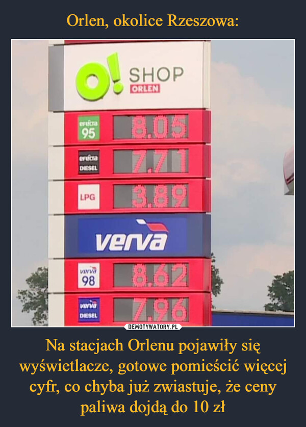 Na stacjach Orlenu pojawiły się wyświetlacze, gotowe pomieścić więcej cyfr, co chyba już zwiastuje, że ceny paliwa dojdą do 10 zł –  