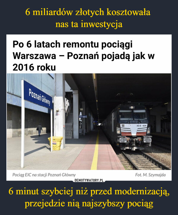 6 miliardów złotych kosztowała 
nas ta inwestycja 6 minut szybciej niż przed modernizacją, przejedzie nią najszybszy pociąg