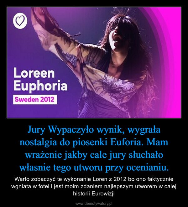 Jury Wypaczyło wynik, wygrała nostalgia do piosenki Euforia. Mam wrażenie jakby cale jury słuchało własnie tego utworu przy ocenianiu. – Warto zobaczyć te wykonanie Loren z 2012 bo ono faktycznie wgniata w fotel i jest moim zdaniem najlepszym utworem w calej historii Eurowizji LoreenEuphoriaSweden 2012