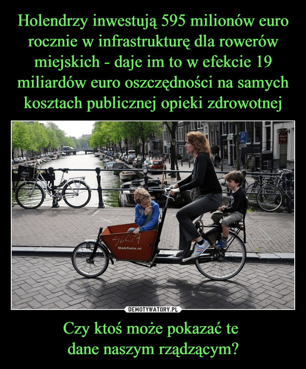 Holendrzy inwestują 595 milionów euro rocznie w infrastrukturę dla rowerów miejskich - daje im to w efekcie 19 miliardów euro oszczędności na samych kosztach publicznej opieki zdrowotnej Czy ktoś może pokazać te 
dane naszym rządzącym?