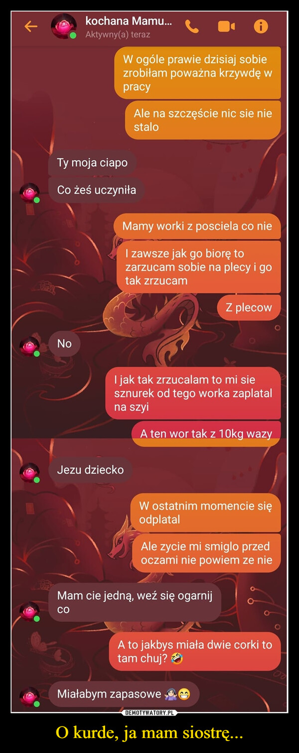 O kurde, ja mam siostrę... –  kochana Mamu...Aktywny(a) terazW ogóle prawie dzisiaj sobiezrobiłam poważna krzywdę wpracyAle na szczęście nic sie niestaloTy moja ciapoCo żeś uczyniłaMamy worki z posciela co nieI zawsze jak go biorę tozarzucam sobie na plecy i gotak zrzucamNoZ plecowI jak tak zrzucalam to mi siesznurek od tego worka zaplatalna szyiJezu dzieckoA ten wor tak z 10kg wazyW ostatnim momencie sięodplatalAle zycie mi smiglo przedoczami nie powiem ze nieMam cie jedną, weź się ogarnijCOA to jakbys miała dwie corki totam chuj?Miałabym zapasowe