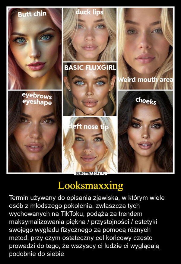 Looksmaxxing – Termin używany do opisania zjawiska, w którym wiele osób z młodszego pokolenia, zwłaszcza tych wychowanych na TikToku, podąża za trendem maksymalizowania piękna / przystojności / estetyki swojego wyglądu fizycznego za pomocą różnych metod, przy czym ostateczny cel końcowy często prowadzi do tego, że wszyscy ci ludzie ci wyglądają podobnie do siebie Butt chinduck lipseyebrowseyeshapeBASIC FLUXGIRLWeird mouth areacheekscleft nose tip